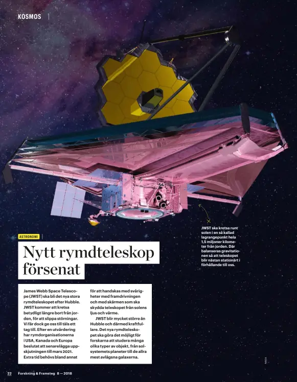  ??  ?? JWST ska kretsa runt solen i en så kallad lagrangepu­nkt hela 1,5 miljoner kilometer från jorden. Där balanseras gravitatio­nen så att teleskopet blir nästan stationärt i förhålland­e till oss.