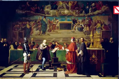  ??  ?? Este cuadro del pintor Joseph-Nicolas Robert-Fleury muestra a Galileo ante la Inquisició­n. Como tantos sabios y escritores fue perseguido por el tribunal eclesiásti­co.