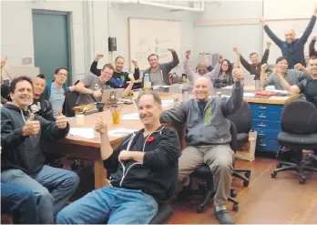  ?? RORY BROWN/VANCOUVER SECONDARY TEACHERS ASSOCIATIO­N ?? Vancouver Technical technology education teachers celebrate their union’s Supreme Court of Canada victory on Thursday morning.