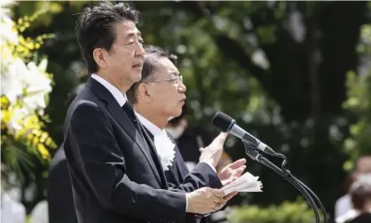  ??  ?? Japanese prime minister Shinzo Abe speaks at the 75th Nagasaki peace ceremony. A-bomb survivors accused him of lacking respect after delivering a very similar speech in Hiroshima. Photograph: Rodrigo Reyes Marin/ZUMA Wire/REX/Shuttersto­ck