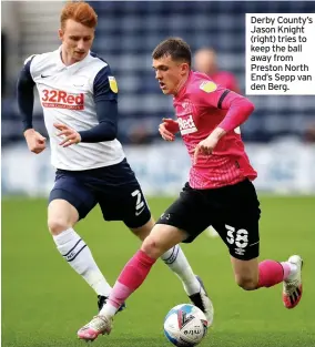  ??  ?? Derby County’s Jason Knight (right) tries to keep the ball away from Preston North End’s Sepp van den Berg.
