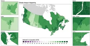  ?? AUTHOR PROVIDED ?? Percentage of Canadians, by riding, who believe climate change is happening.