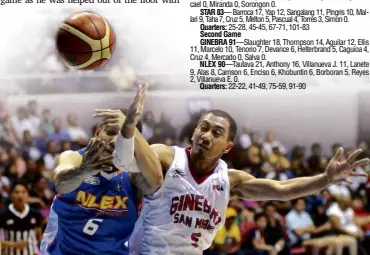  ?? AUGUST DELA CRUZ ?? KEVIN Alas of NLEX and LA Tenorio of Barangay Ginebra battle for possession in last night’s Smart Bro-PBA Philippine Cup match at Smart Araneta Coliseum.