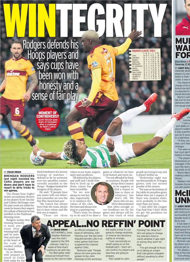  ??  ?? MOMENT OF CONTROVERS­Y Scott Sinclair goes down at Hampden after a challenge by Well’s Cedric Kipre