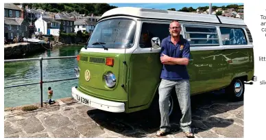  ??  ?? ROAD TRIPPER: Toby Walne and his VW campervan Olive. Top left: The van’s cab and neat little kitchen area, revealed behind a sliding door