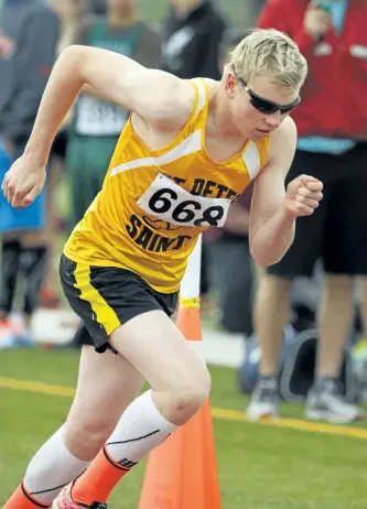  ?? CLIFFORD SKARSTEDT/EXAMINER FILES ?? Tristen Jones, of the St. Peter Saints, gets off to a flying start during an 800 metre race during COSSA track and field meet on May 19, 2016 at Thomas A. Stewart Athletic Field. Jones is preparing for the Canada Summer Games in Winnipeg, which run...