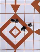  ??  ?? The two top holes were made by Claw bullets and the three to the right of the bull’s eye by Swift AFrames. Prior to the hunt, these shots were taken at 30 yards, using open sights and shooting sticks.