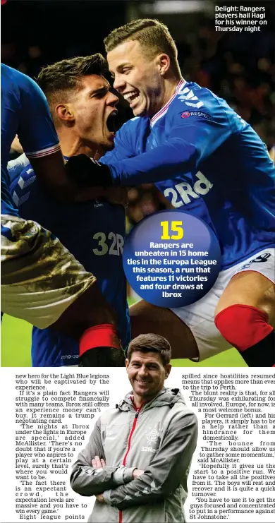  ??  ?? Delight: Rangers players hail Hagi for his winner on Thursday night