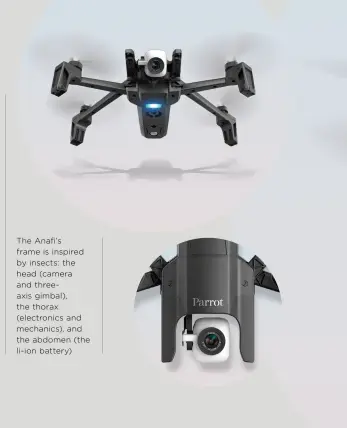  ??  ?? The Anafi’s frame is inspired by insects: the head (camera and threeaxis gimbal), the thorax (electronic­s and mechanics), and the abdomen (the li-ion battery)