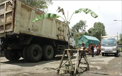  ?? ARISKY PRASETYO HADI/JAWA POS ?? BUKAN SAWAH: Warga menanam pohon pisang di jalan Desa Kesambi, Kecamatan Porong, sebagai bentuk protes agar akses itu segera diperbaiki.