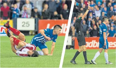  ??  ?? Greg Taylor’s tackle on Rangers’ Joey Barton at Rugby Park three years ago that led to a red card