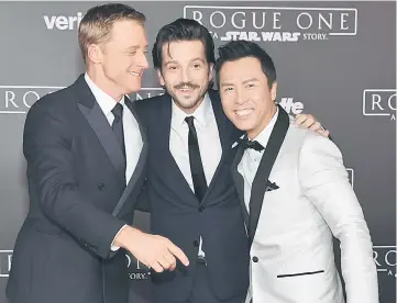  ??  ?? (From left) Actors Alan Tudyk, Diego Luna and Donnie at the premiere of Walt Disney Pictures and Lucasfilm’s “Rogue One: A Star Wars Story” at the Pantages Theatre in Hollywood. — AFP photo