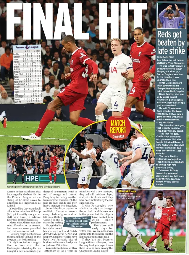  ?? ?? marching orders and Spurs go on for a last-gasp victory
Tottenham have a new belief and optimism under Big Ange
RED-CARD FOUL Jones’ reckless challenge on Bissouma sees him sent off