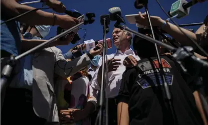  ?? ?? Presidenti­al candidate José Antonio Kast spoke with the press on the outskirts of Santiago. Photograph: Esteban Félix/AP