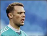  ?? MICHAEL PROBST — THE ASSOCIATED PRESS ?? Germany goalkeeper Manuel Neuer looks on during a training session on the eve of their Group F match against Sweden, in Sochi, Russia, Friday.