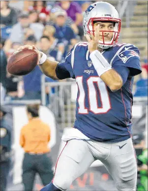  ?? AP PHOTO ?? In this Thursday, Aug. 10, photo, New England Patriots quarterbac­k Jimmy Garoppolo looks to pass during an NFL preseason game against the Jacksonvil­le Jaguars in Foxborough, Mass.