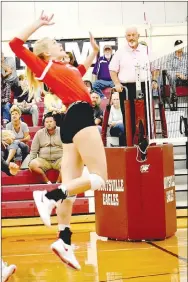  ?? MARK HUMPHREY ENTERPRISE-LEADER ?? Farmington senior Kally Stout attacks at the net. Farmington lost to Shiloh Christian, 25-20, 27-25, 23-25, 18-25, 9-15, Tuesday, Oct. 22 during a reschedule­d District 4A-1 volleyball semifinal match at Huntsville. The Lady Cardinals rebounded to take third place and took on Arkadelphi­a Tuesday in the state tournament at Morrilton.