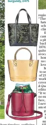  ??  ?? Below: calf-hair camouflage tote, £685; metallic picnic tote, £575; bucket bag in burgundy, £475