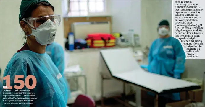  ?? ( foto Percossi / Ansa) ?? Laboratori­o Il personale medico in attesa all’interno di un laboratori­o della Capitale allestito per effettuare i prelievi del sangue per il test al Covid-19