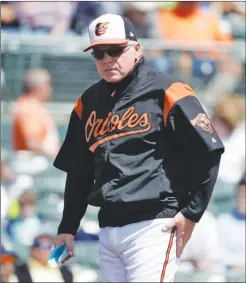  ?? Associated Press photo ?? In this March 14 file photo, Baltimore Orioles manager Buck Showalter walks on the field during the team's spring training baseball game against the Tampa Bay Rays in Sarasota, Fla. Baltimore opens its season against Toronto today.