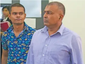  ?? Photo: ?? (From right) Ronil Ravikesh Chand and Karim Begg outside the Suva High Court on May 8, 2020. Kelera Sovasiga