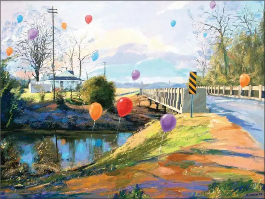  ?? (Courtesy Henri Linton) ?? Bayou Meto #2 by Henri Linton. The balloons that appear in some of his paintings “speak to the joy of life, but at the same time remind us that life is very brief,” he says.