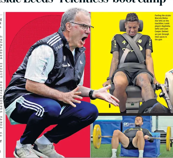  ??  ?? Feeling the strain: Marcelo Bielsa (far left) on the touchline; Leeds players Raphinha (left) and Liam Cooper (below) are put through their paces in the gym