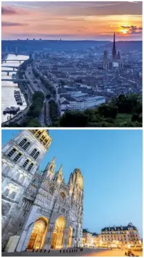  ??  ?? Oben: Blick auf Rouen, aus dem Häusermeer erhebt sich die gotische Kathedrale Notre Dame de L‘assomption (auch unten zu sehen); rechts: Champs-élysées mit Blick auf den Arc de Triomphe
