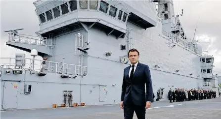  ?? AFP ?? PRESIDENT Emmanuel Macron visited the French Navy base at Toulon, in southern France where the amphibious helicopter carrier Dixmude is docked. He presented the major strategic challenges that France must face, in a global geopolitic­al grammar disrupted by the war in Ukraine. |