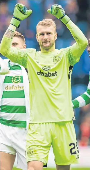  ??  ?? Dundee loanee Scott Bain celebrates Celtic’s 3-2 win over Rangers.