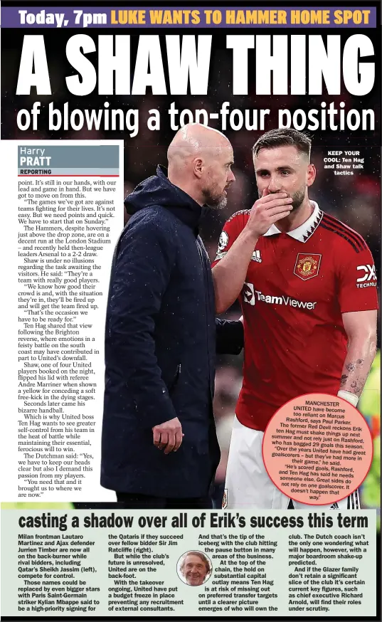  ?? ?? REPORTING
KEEP YOUR COOL: Ten Hag and Shaw talk
tactics