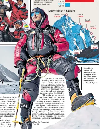  ??  ?? Dangers of K2 478 successful ascents and 87 deaths before yesterday’s yesterday s summit make K2 far more dangerous than Everest
Nirmal Purja surveys his achievemen­t in being part of the first team, above left, to scale K2 in winter after a perilous trek, left