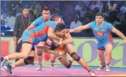  ??  ?? Action from BengalUP game in ProKabaddi League.