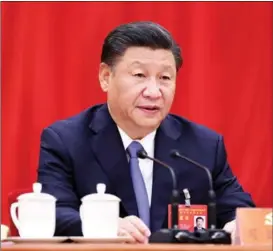  ?? JU PENG / XINHUA ?? Xi Jinping, general secretary of the Communist Party of China Central Committee, delivers an important speech at the Fifth Plenary Session of the 19th Central Committee of the CPC, which concluded in Beijing on Oct 29.