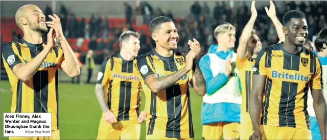  ?? Picture: Steve Terrell ?? Alex Finney, Alex Wynter and Magnus Okuonghae thank the fans