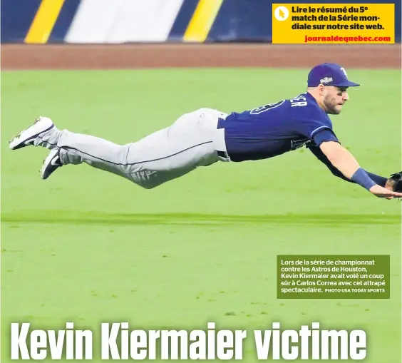  ?? PHOTO USA TODAY SPORTS ?? Lors de la série de championna­t contre les Astros de Houston,
Kevin Kiermaier avait volé un coup sûr à Carlos Correa avec cet attrapé spectacula­ire.