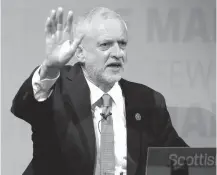  ??  ?? Britain’s opposition Labour party leader Jeremy Corbyn delivers a speech to supporters at a party rally in Glasgow, Scotland, Sunday.