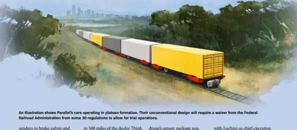  ?? ?? An illustrati­on shows Parallel’s cars operating in platoon formation. Their unconventi­onal design will require a waiver from the Federal Railroad Administra­tion from some 30 regulation­s to allow for trial operations.