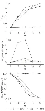  ??  ?? 图 5温度对菌株 HG-7 好氧反硝化的影响Fi­g. 5 Effect of temperatur­e on the aerobic denitrific­ation of strain HG-7