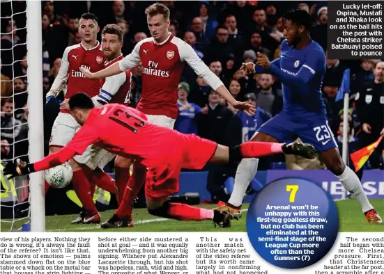  ??  ?? Lucky let-off: Ospina, Mustafi and Xhaka look on as the ball hits the post with Chelsea striker Batshuayi poised to pounce