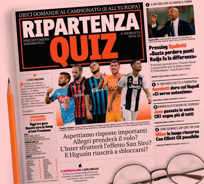  ??  ?? trova davanti al Spalletti, 59 anni, siDoppia sfida Luciano il Tottenham oggi il Parma, martedì primo bivio della stagione: centravant­i Milan, Mauro Icardi, Higuain, nuovo 9 del dalla Juventus del Napoli, Gonzalo in carica acquistato d’oroLorenzo Insigne, fantasista Ronaldo, PalloneCri­stianoCinq­uina d’attacco della Roma, eEdin Dzeko, ariete e capitano dell’Inter,