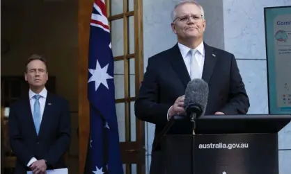  ??  ?? The health minister Greg Hunt and the prime minister Scott Morrison during a press conference about Australia’s vaccine plan in April. The federal has repeatedly failed to meet the promises it has made during the rollout. Photograph: Mike Bowers/The Guardian