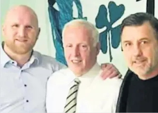  ??  ?? Hoops heroes Neil Murray with ex Celtic striker John Hartson and son-in-law Rudi Vata