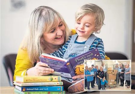  ??  ?? Nicola Donnelly with her son Leo, and, inset, handing over the books to the neonatal unit.