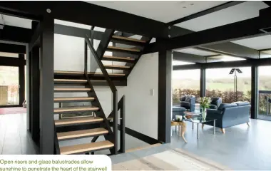  ??  ?? Open risers and glass balustrade­s allow sunshine to penetrate the heart of the stairwell