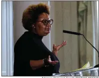  ?? Arkansas Democrat-Gazette/THOMAS METTHE Keynote speaker Pamela Merritt, co-founder and co-director of Reproactio­n, speaks Saturday during the Rally for Reproducti­ve Justice in Little Rock. ??