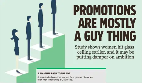  ??  ?? A TOUGHER PATH TO THE TOP A new study shows that women face greater obstacles than men in reaching a C-suite job.