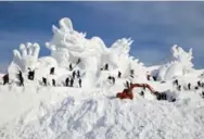  ?? AFP/GETTY IMAGES ?? Artists work on a 80-metre-long snow sculpture for the Vasaloppet China ski festival in the country’s northeast.