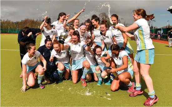  ?? DAVID FITZGERALD/SPORTSFILE ?? UCD players celebrate their Women’s Irish Senior Cup victory over Pegasus at the National Hockey Stadium