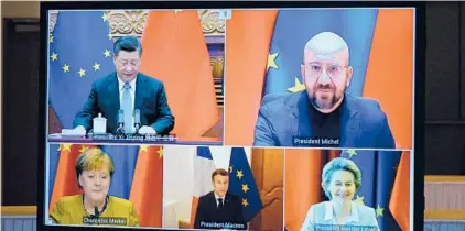  ?? JOHANNA GERON/REUTERS ?? Leaders of China, Germany, France and others are seen Wednesday during a videoconfe­rence to approve an investment pact between China and the EU.